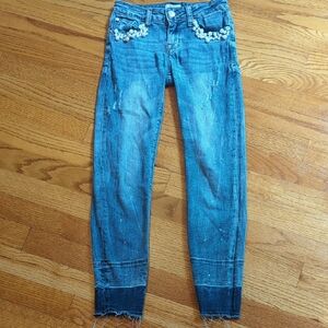 Beaded Hudson Distressed Skinny Jeans with Contrast Cuff